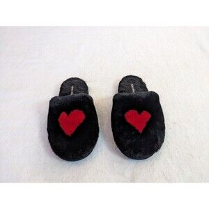 Victoria's Secret Fuzzy Black Cozy Slippers w Hearts Size Large 9/10